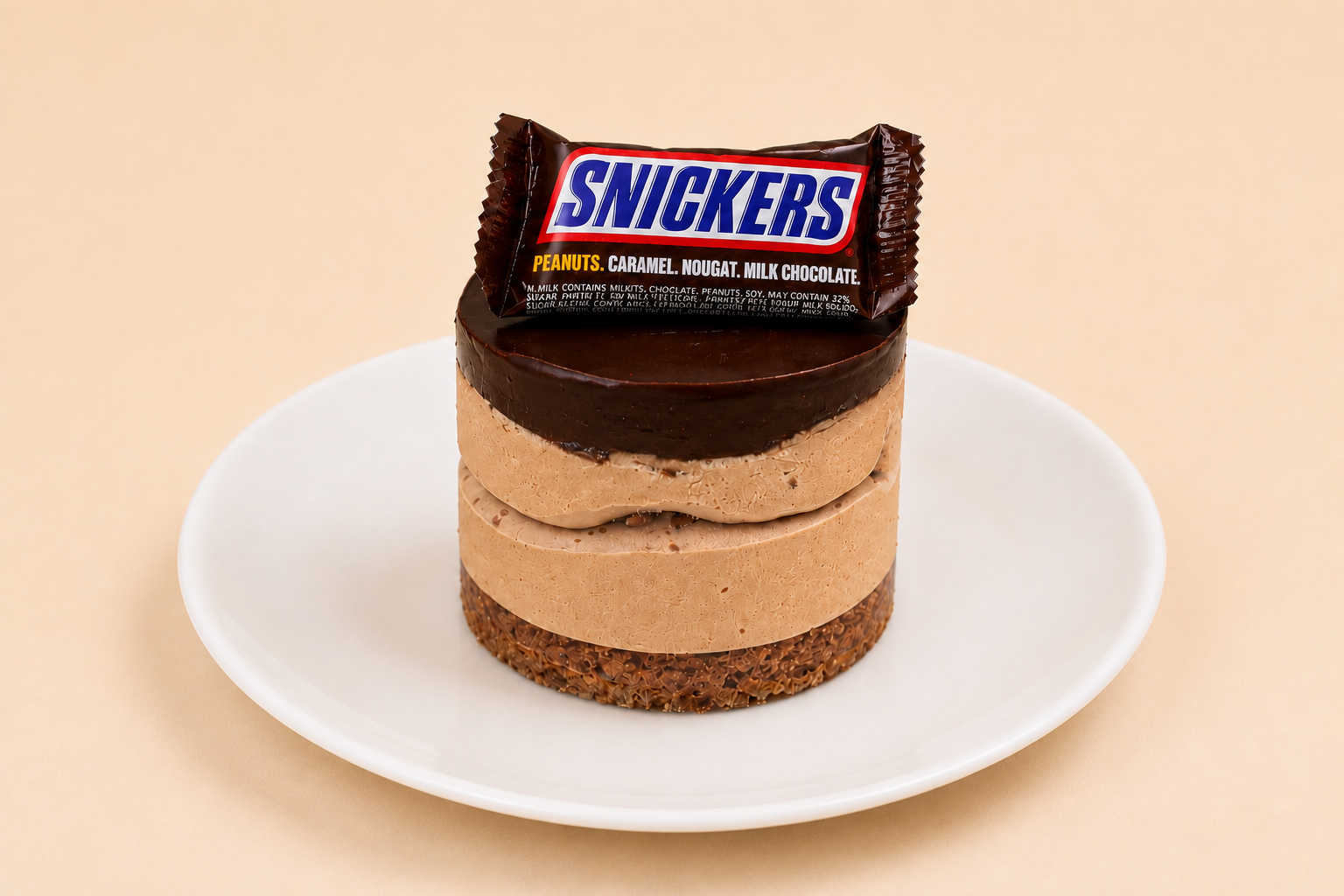 Individual Snickers mousse cake with chocolate ganache and a Snickers bar